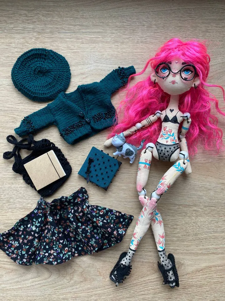Librarian doll with pink hair and tattoo. Bookworm doll with cat
