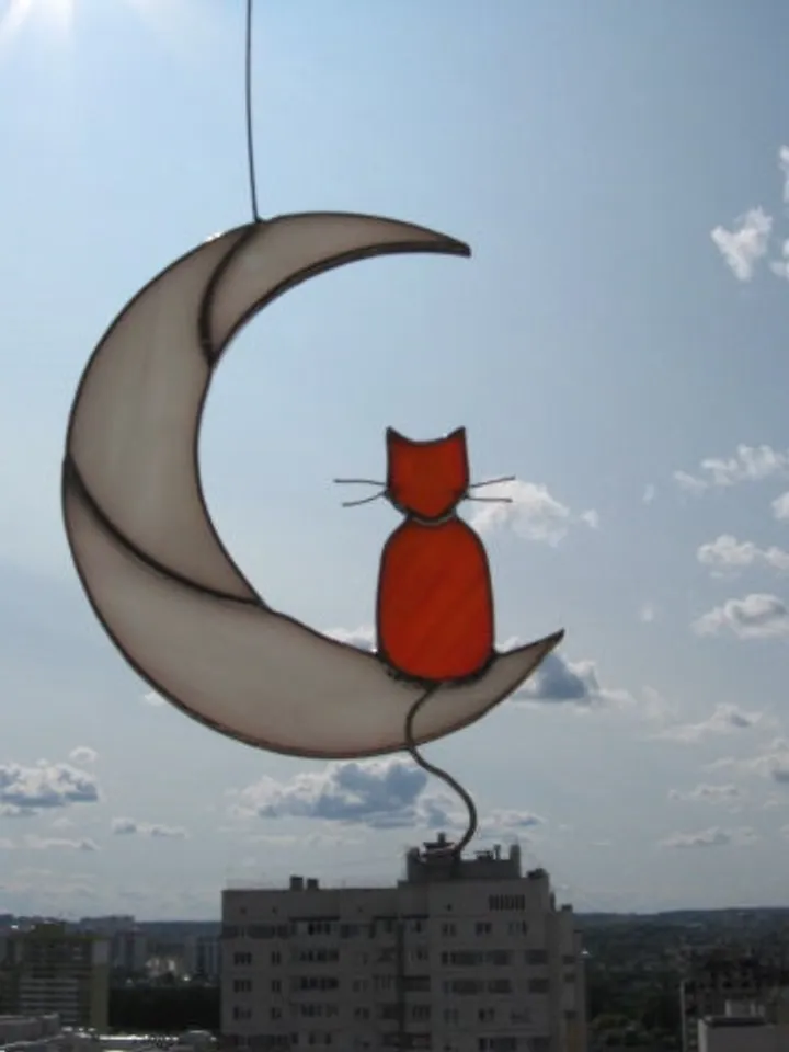 Ginger Cat On The Moon stained glass window hanging Suncatcher . Gift for animal lover , pet loss memorial , orange