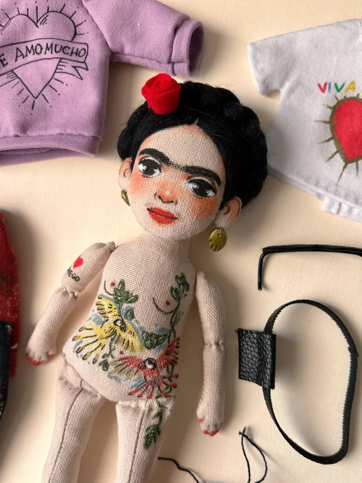 Textile art doll inspired by Frida Kahlo