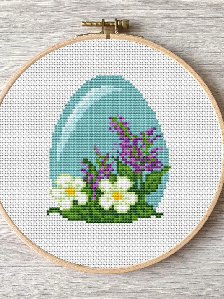 Happy Easter cross stitch pattern pdf, Banny embroidery DIY Easter floral design, art.16