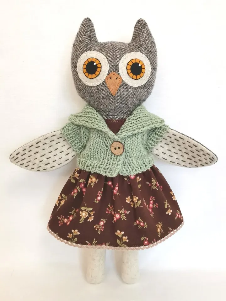 Owl girl, plush stuffed doll, handmade textile bird toy, owl soft toy