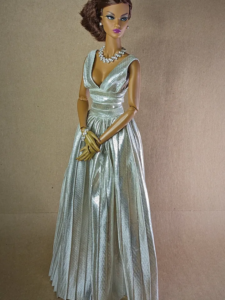 Silver pleated evening dress for 16 inch fashion doll
