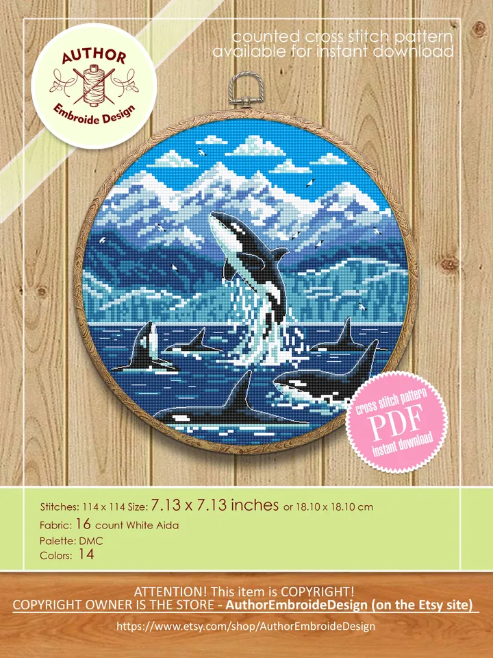 Glacier Bay National Park cross stitch pattern PDF download Killer whale cross stitch chart, Orcas in Alaska, Splashing orca whale art #L71