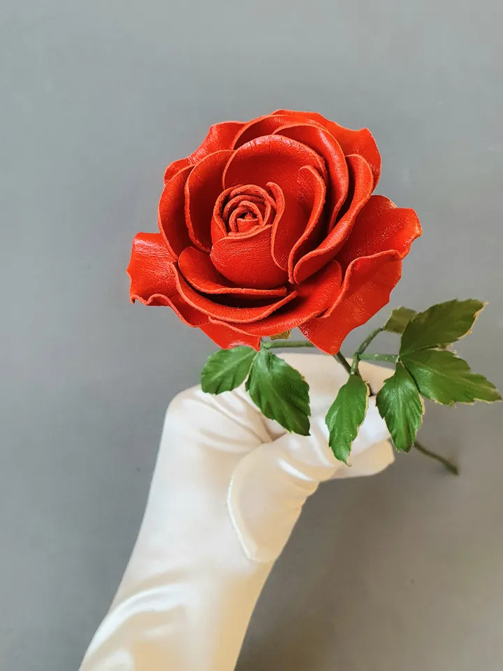 Red leather rose long stem 3rd anniversary gift for her, Leather flower living room decor