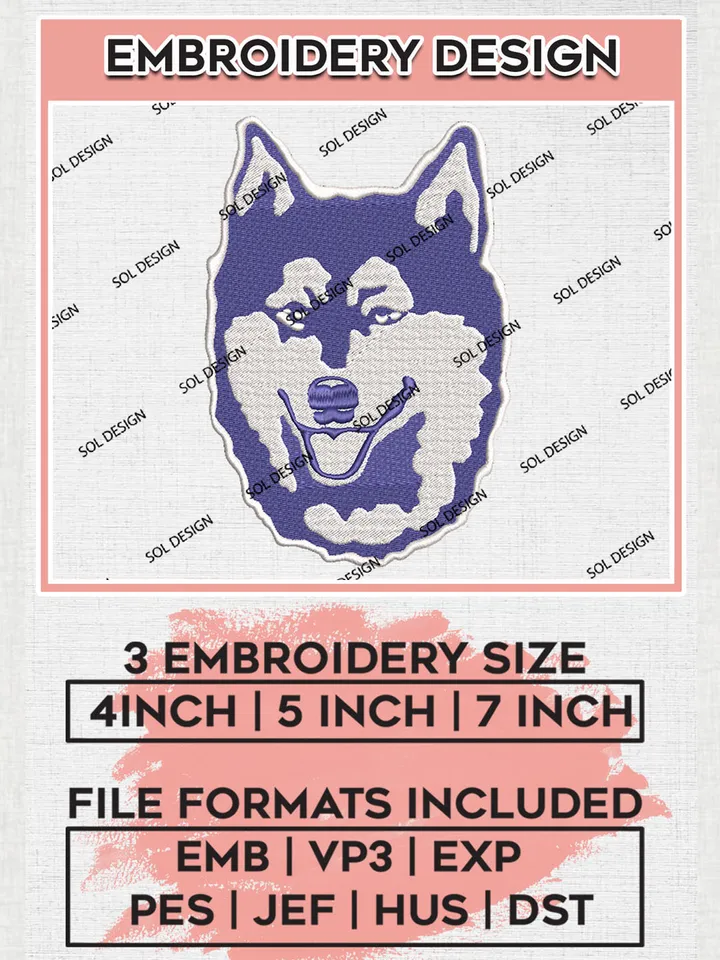 NCAA Washington Huskies Team Head Mascot Logo Embroidery Design Files, NCAA Washington Huskies Machine Embroidery, NCAA Teams, 3 sizes, NCAA Machine embroidery designs, Digital Download