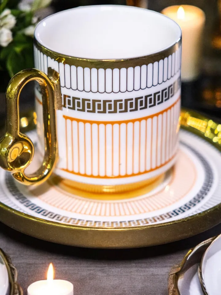 90 ml Creative Handle Elegant Orange & Gold Design Porcelain Coffee Cup Set | Luxurious Durable Cup Set Perfect Gift First Mothers Day Gift
