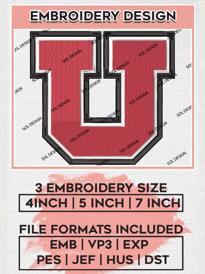 Utah Utes College Team Letter Logo Embroidery Design Files, NCAA Utah Utes Machine Embroidery, NCAA Teams, 3 sizes, NCAA Machine embroidery designs, Digital Download
