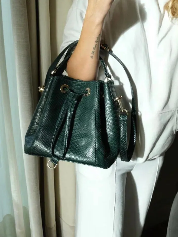 Genuine python skin dark green bucket crosshandle bag/ designer women purse | classy elegant rossbody bag | exotic leather bags | gift idea