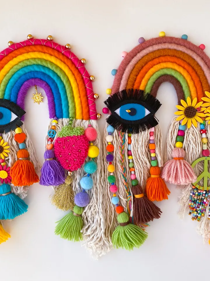 Macrame rainbow wall hanging, Evil eye and hamsa hand, Hippie room decor, Housewarming gift, Dorm room decoration