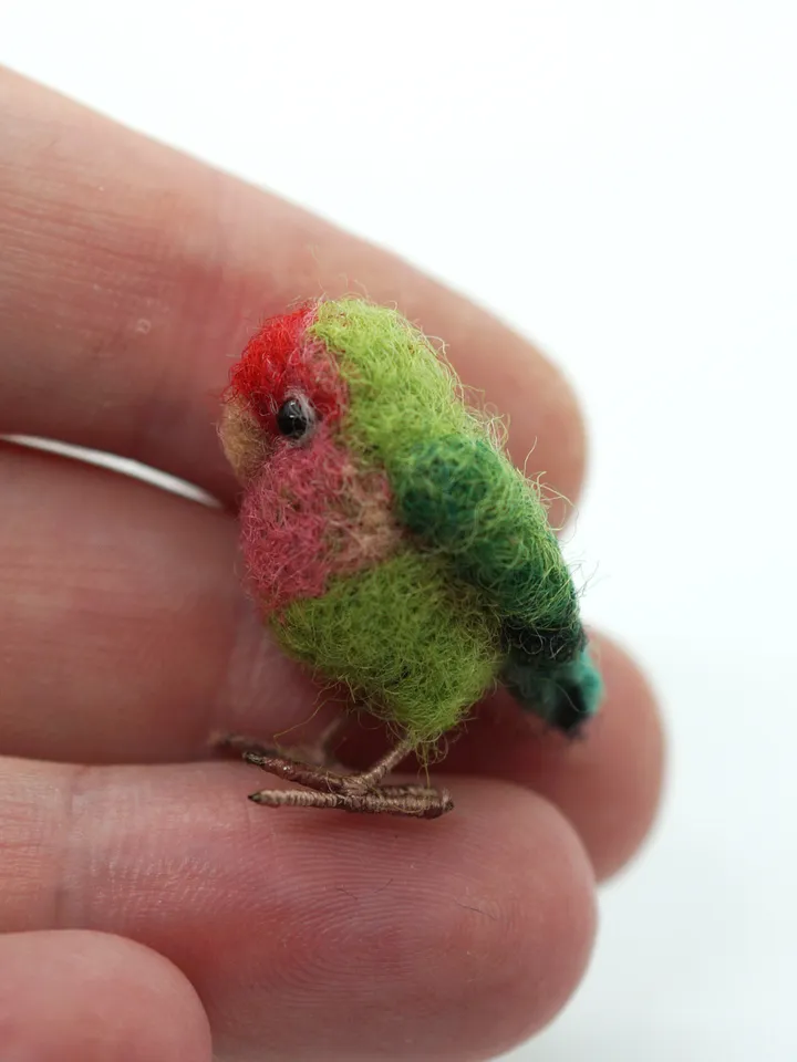 Miniature needle felted lovebird, tiny parakeet, pet portrait, peach faced lovebird
