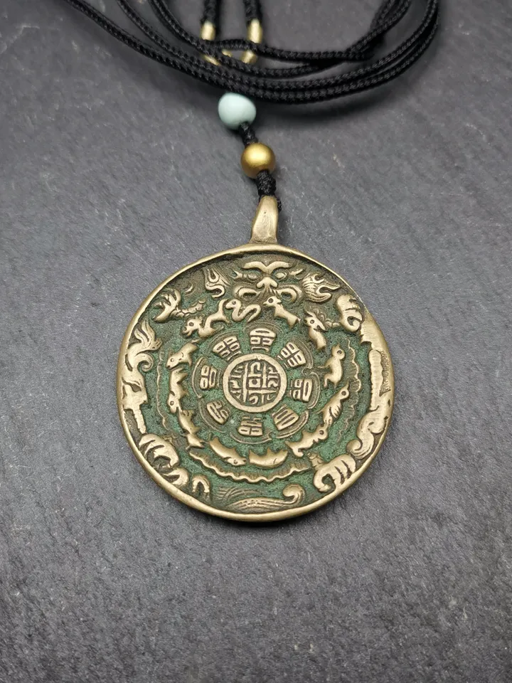 Gandhanra Vintage Tibetan Buddhist Calendar Amulet Sipaho Badge - Lima Brass Melong Mirror Protective Charm Feng Shui Pendant,41mm