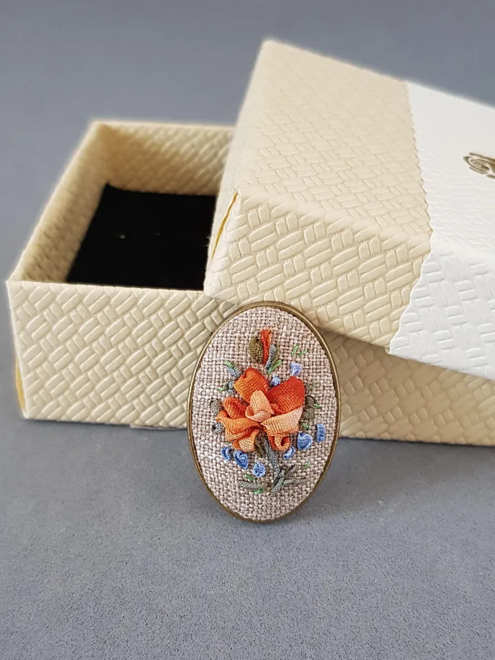 Ribbon embroidered brooch for her, hand embroidery jewelry,art 33