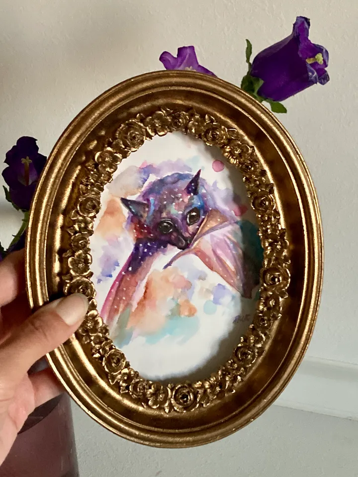 Framed Bat Watercolor Painting Original Cute Bat Art Wild Animals Decor Whimsigoth Art
