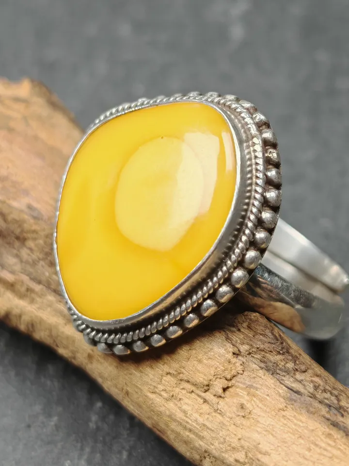 Gandhanra Unique Handmade Tibetan Silver Ring | Random Sahpe Amber Ring | Adjustable Size | Protection Jewelry