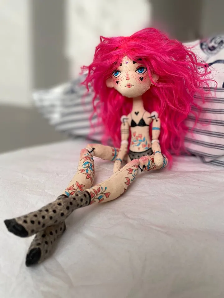 Librarian doll with pink hair and tattoo. Bookworm doll with cat