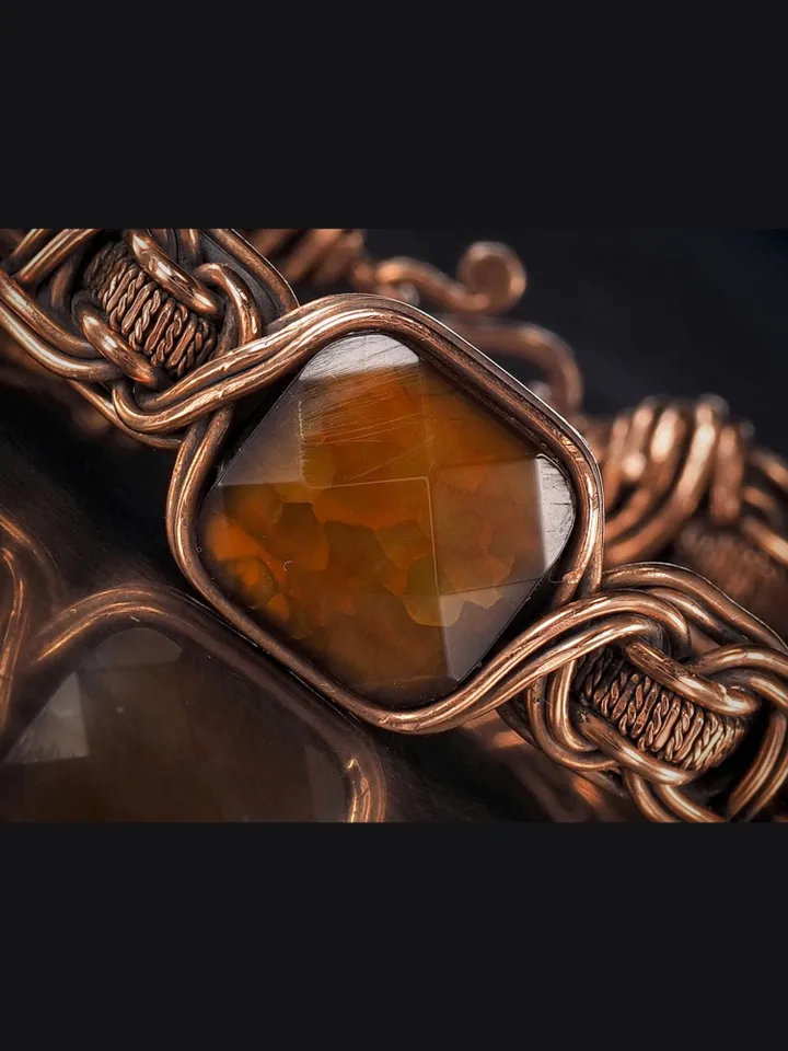 Copper wire wrapped brown agate bracelet Unique woven copper wire bangle