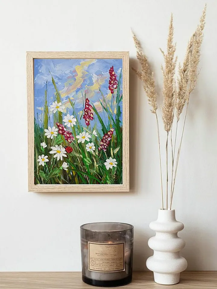 Daisy Painting Bluebonnet Original Art Wildflower Wall Art Ladybug Art Meadow