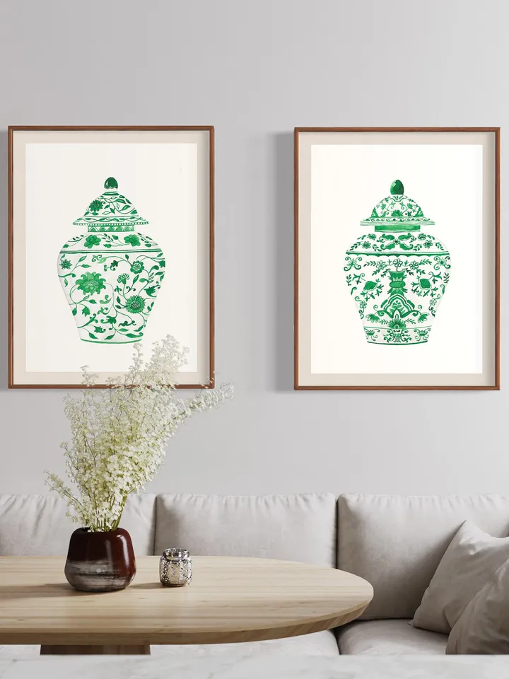 Green Chinoiserie Set Of 2 Posters Watercolor Porcelain Ginger Jar Wall Art Green Vase Print Gift Home Decor Asian Vase Watercolor Prints