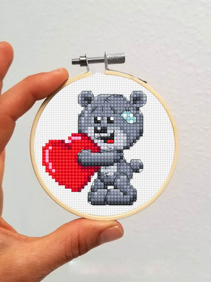 Small Valentine cross stitch pattern download PDF Cute bear cross stitch, Mini cross stitch chart, Easy beginner embroidery PDF #V19