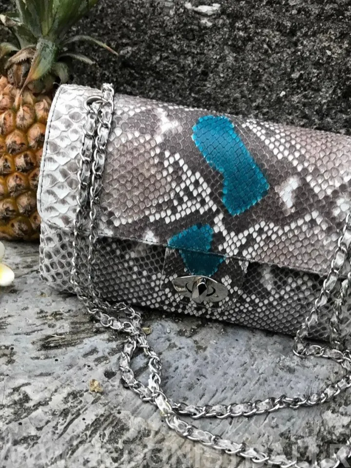 Gray and blue Genuine Python Skin Crossbody Chain Bag | Bright Summer Bag | Elegant Women Bag | Chain Strap Crossbody Deep classy Purse