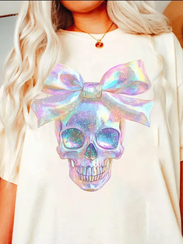 Iridescent Skull PNG, Coquette Halloween Design, Iridescent Ghost Skull Design, Halloween PNG, Girly Halloween Png, Cute Gothic Png