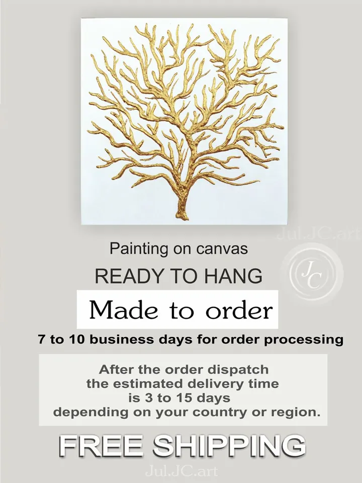 Gold Tree Abstract Painting Gold and White Wall Art on canvas Shiny Textured Artwork Modern wall decor