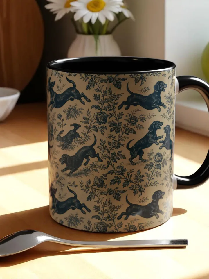 Dachshund French Toile de Jouy Ceramic Mug, Toile Coffee Cup for Doxie Mom, Sausage Dog Lover Gifts, Dog Tea Drinkware, Gift For Dog Lovers