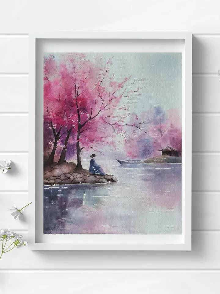Original Watercolor Painting Japan Landscape Art Sakura blossoms Artwork 27x39 cm by SoftWaves