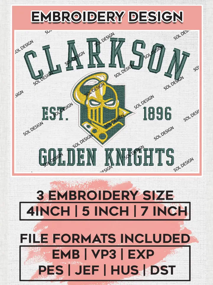 Clarkson Golden Knights College Football Team Est 1896 Logo Embroidery Design Files, NCAA Clarkson Golden Knights Machine Embroidery, NCAA Teams, 3 sizes, NCAA Machine embroidery designs, Digital Download