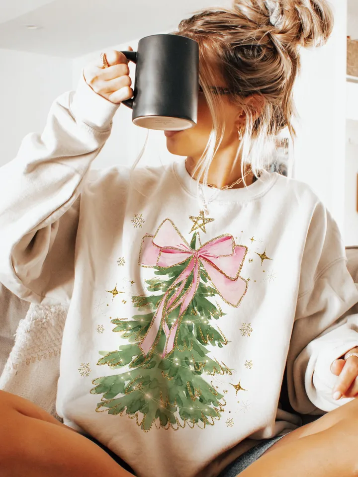 Coquette Glitter Christmas Tree Png, Watercolor Christmas Tree Girly, Merry Christmas Coquette Bow Tree Png, Christmas Lights Hand Drawn
