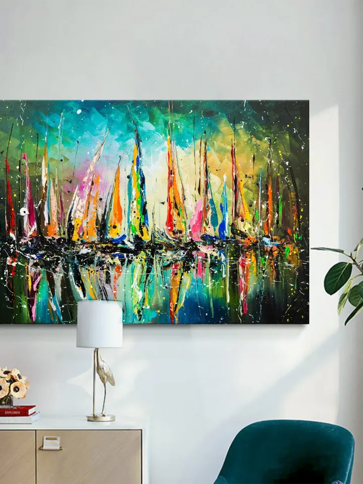 Original Painting On Canvas, Abstract Colorful Sailboat Oil Painting, Seascape Painting, Large Wall Art,Living Room Wall Decor,Wall Hangings