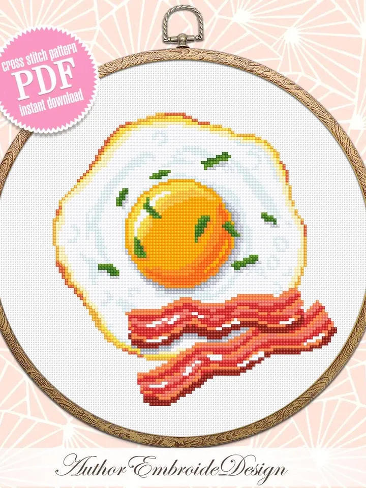 Fried egg with bacon cross stitch pattern PDF download Food cross stitch chart for beginners, Egg pattern digital PDF, Kitchen decor #F22