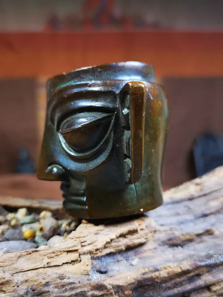Gandhanra Replica Bronze Head Mask from Sanxingdui Ruins,4.7cm Height,Made of Red Copper,40 Years Old