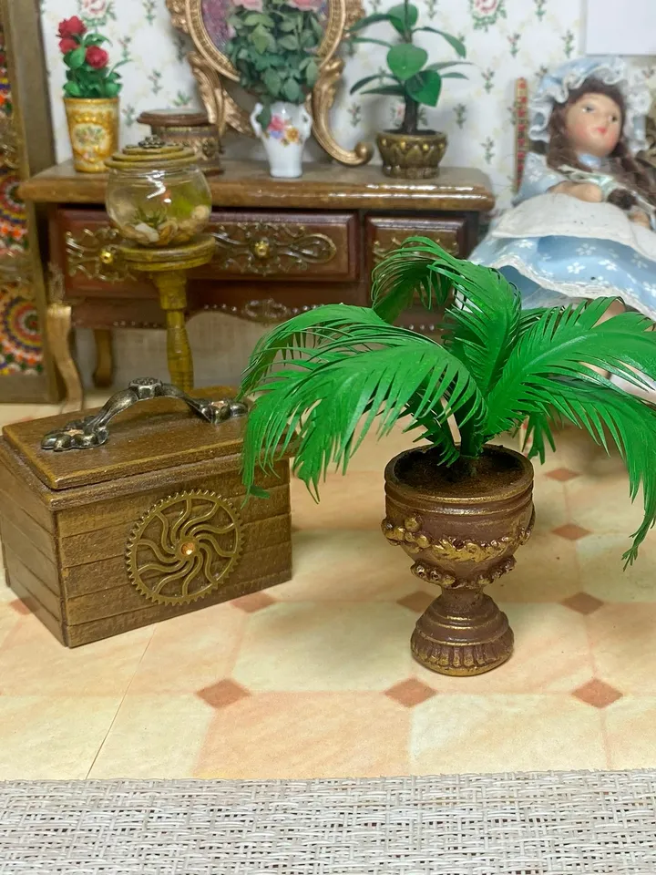 Palm tree in a brown-golden flowerpot. Dollhouse miniature. Handmade. 1:12.