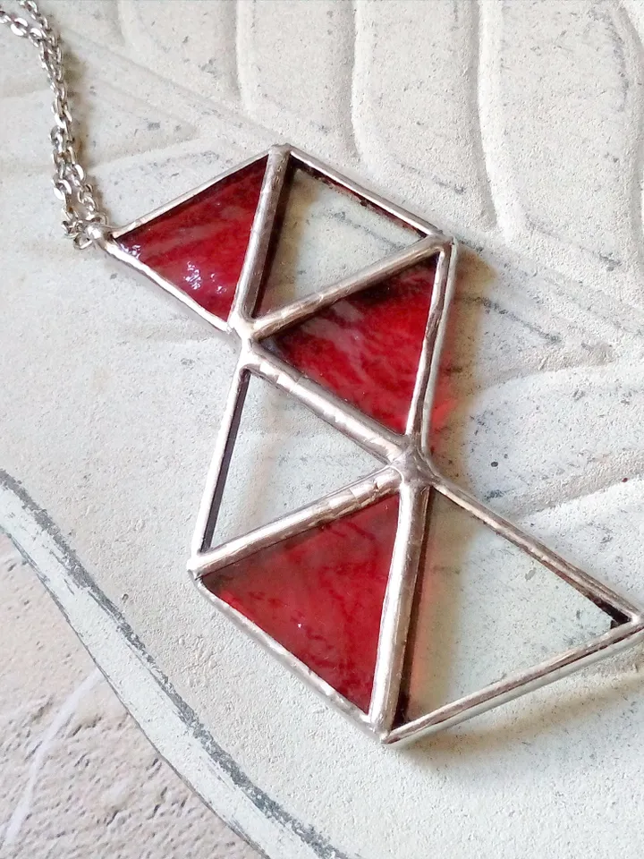 Glass geometric pendant, Origami Red necklace, triangular necklace, stained glass cute necklace