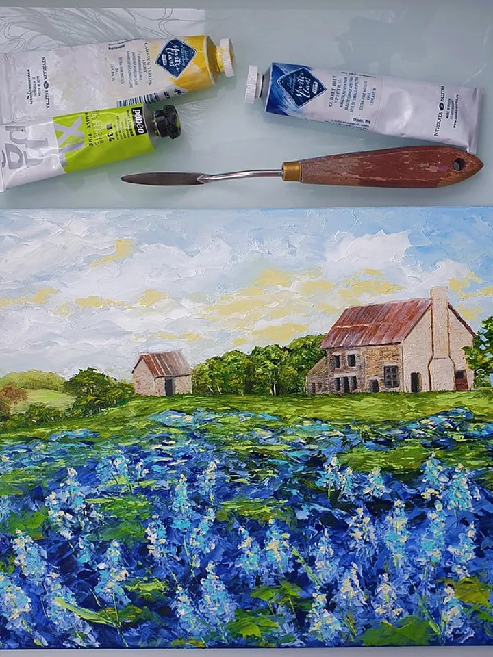 Bluebonnet Painting Farm Original Art Landscape Artwork Impasto Oil Painting