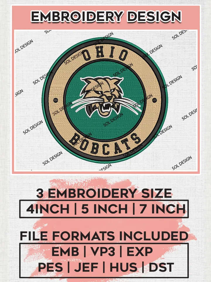 NCAA Ohio Bobcats Round Logo Embroidery, NCAA Ohio Bobcats Team Logo Embroidery files, NCAA Teams, Machine embroidery designs, Digital Download