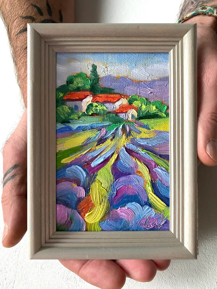 Lavender Fields Painting Tuscany Original Art Landscape Oil Painting Impasto Small Artwork 4x6 Tuscan Serenity Painting Wild Flowers