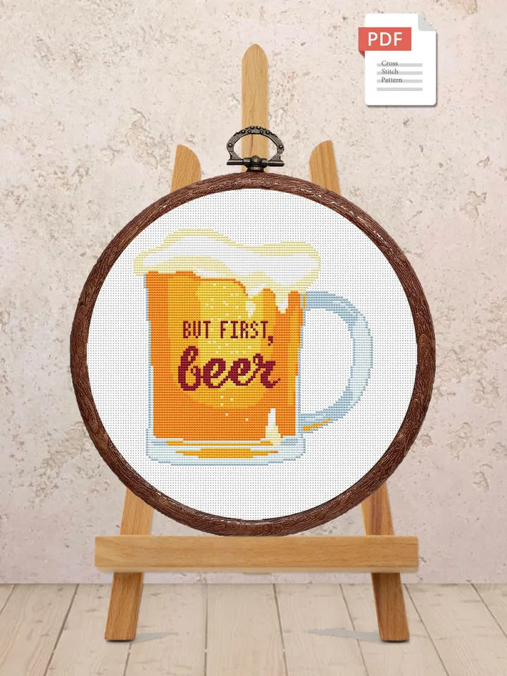 Set of 2 But First Beer Cross Stitch Pattern, Kitchen Cross Stitch, Embroidery Beer, But First Wine Pattern, Modern Cross Stitch #kt009