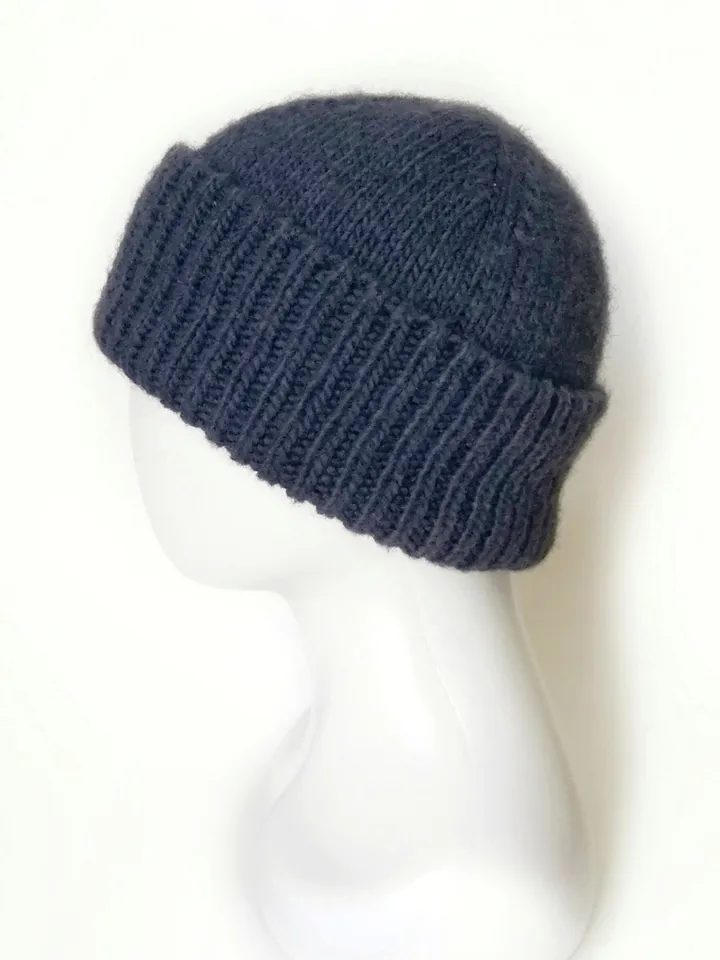 Handmade Alpaca Wool Seamless Blue Men's Winter Hat Warm and Cozy Handcrafted Knitwear, Fold-Up Cuff, Hand-Knit Beanie. FREE SHIPPING!