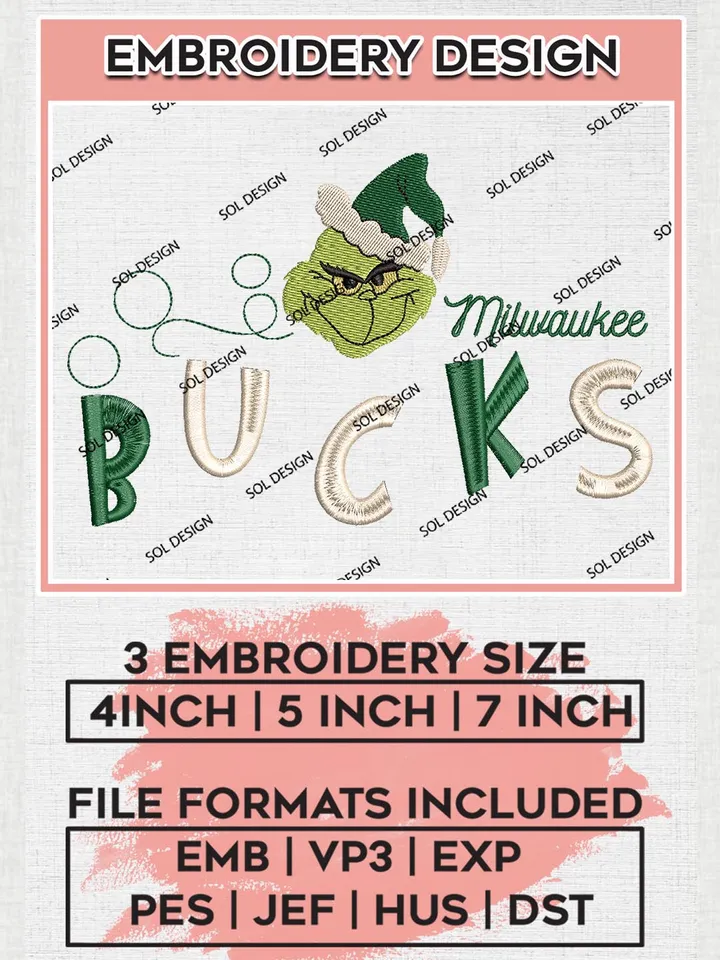 Grinch Milwaukee Bucks Embroidery Designs, Grinch Christmas Embroidery Files, NBA Milwaukee Bucks Machine Embroidery Designs, NBA Bucks Logo, NBA Christmas Machine Embroidery Design, Digital Download