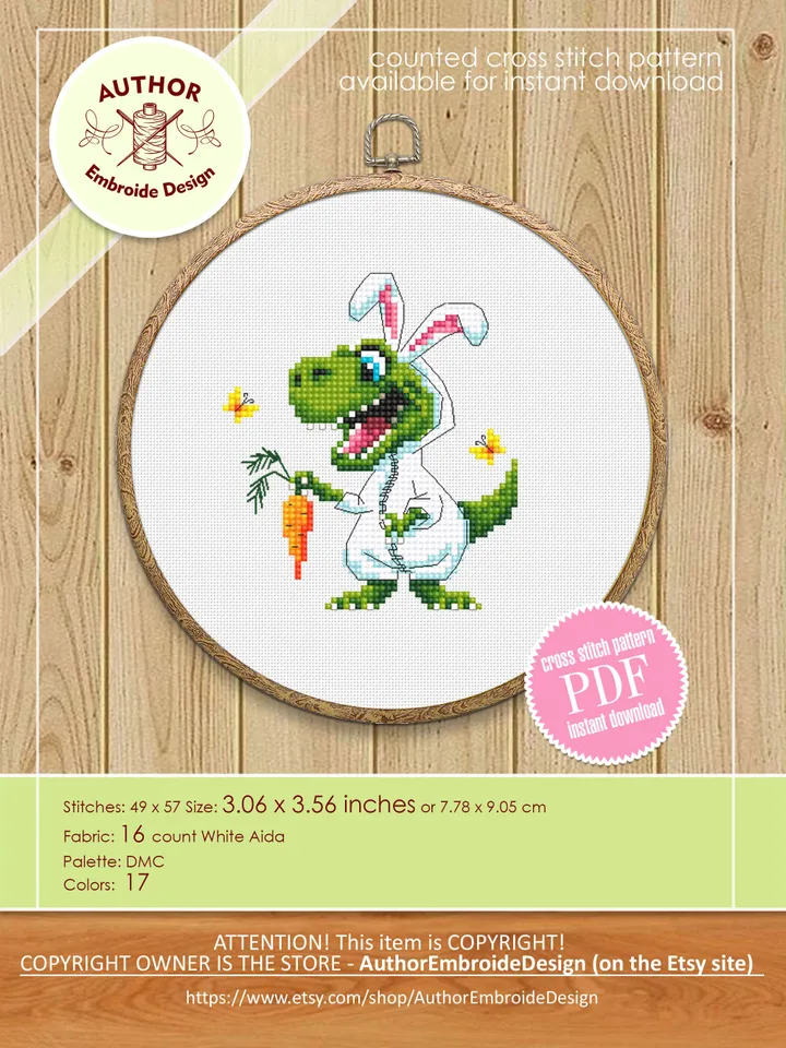 Funny dinosaur easter cross stitch pattern PDF download, Set of 2 small dinosaur cross stitch chart, Cute dino pattern digital PDF #T31