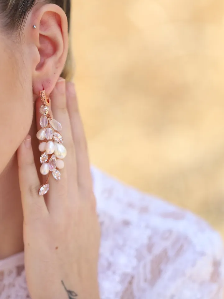 Blush Opal Rose Gold Wedding Earrings, Swarovski Crystal Chandelier Statement Bridal Earrings, Freshwater Pearl Wedding Jewelry For bride,