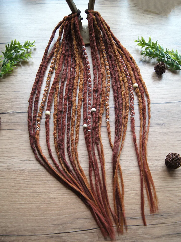 Red dreadlock extensions on hair tie 2 Ponytail synthetic dreads bronze red auburn bohemian boho style Wig Hair Falls cosplay