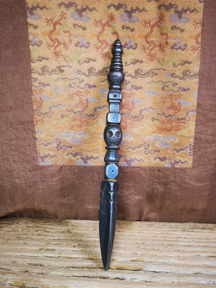Gandhanra Handmade Tibetan Buddhist Ritual Implement - Kila -Dorje Phurba,Made of Cold Iron inlaid with Copper,7.5"