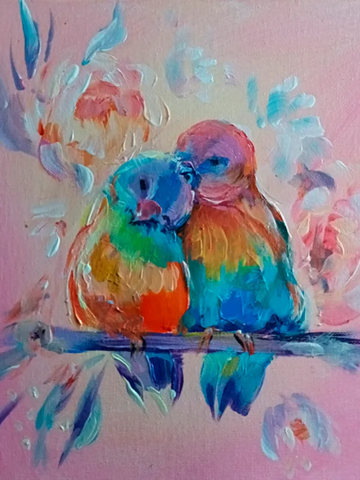 Two little parrots. Tender love. An acrylic painting.