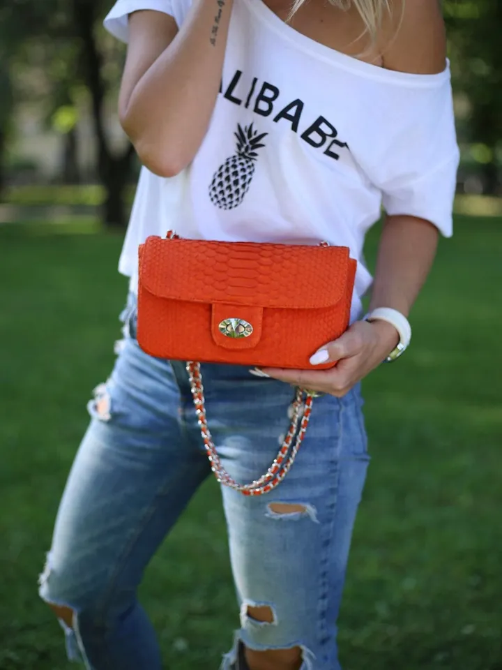 Orange Genuine Python Skin Bag | Exotic lethaer Bags | Leather Women Chain Crossbody | Classy Summer Bag | Leather Handmade Bags | Purses