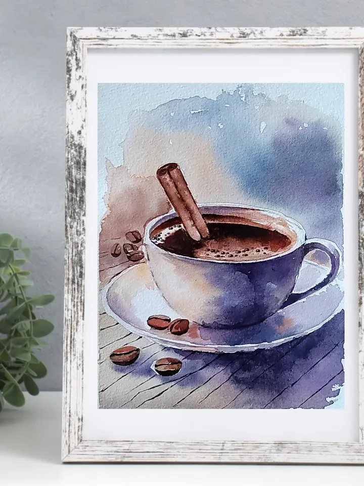 Coffee Cup Painting Original Watercolor Art 5.9x8.29 in by Art Café
