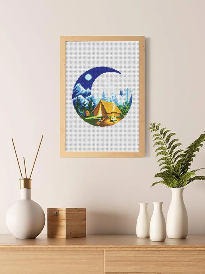 Camping cross stitch pattern download PDF Nature landscape cross stitch Campfire tent xstitch chart Adventure awaits Nature lover gift #L26