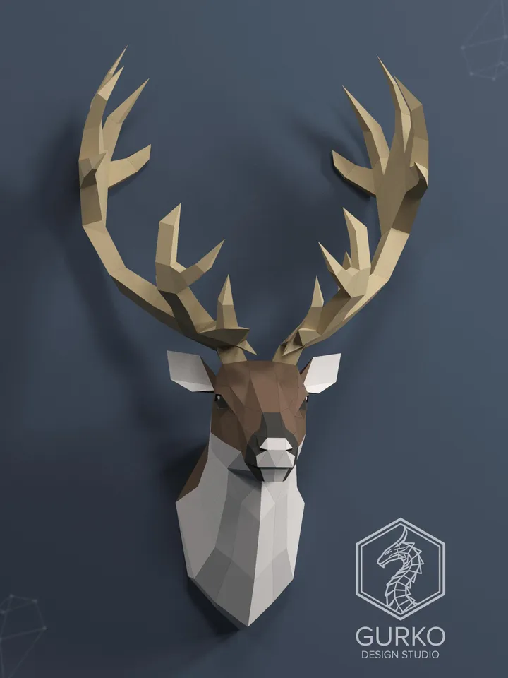 Reindeer Head Papercraft, Digital Template, PDF Download, Gurko, 3D Low Poly, Pepakura, DIY Origami Sculpture, Paper Decor, DIY Gift